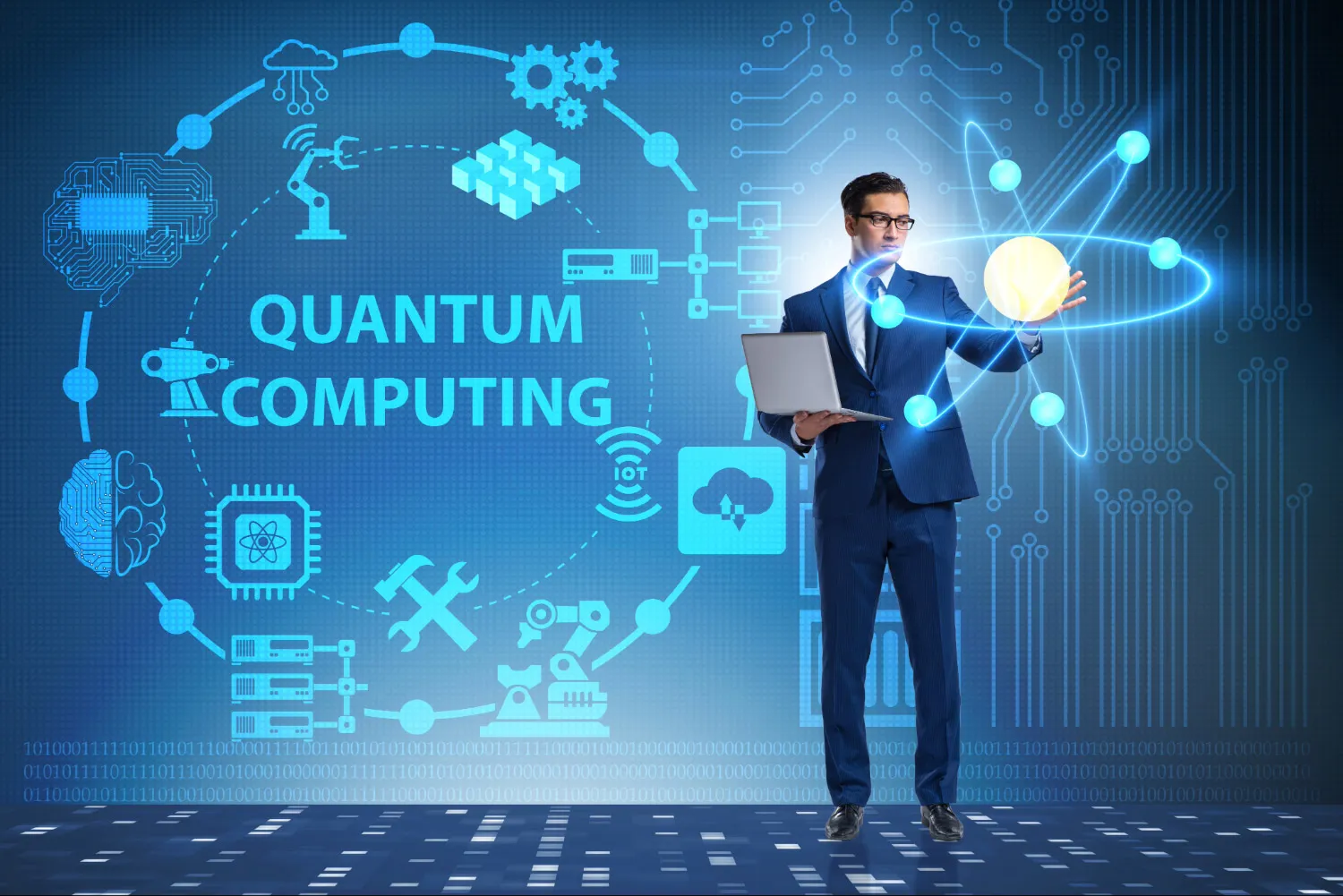 Man in a suit holding a laptop and interacting with a glowing atom model, with quantum computing icons and text in the background.