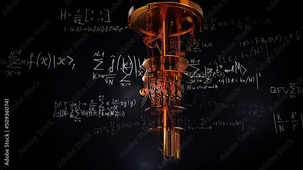 Modern quantum computer with complex mathematical equations floating on a black background.