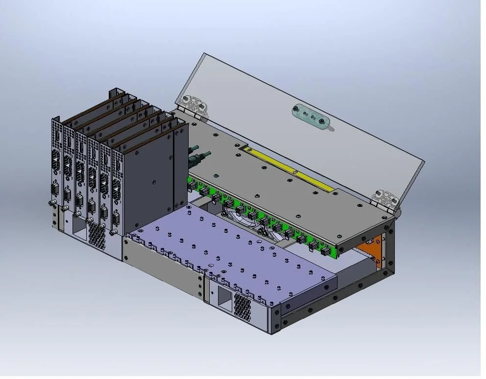 3D CAD rendering of a modular electronic device chassis with multiple circuit boards and a hinged transparent cover.