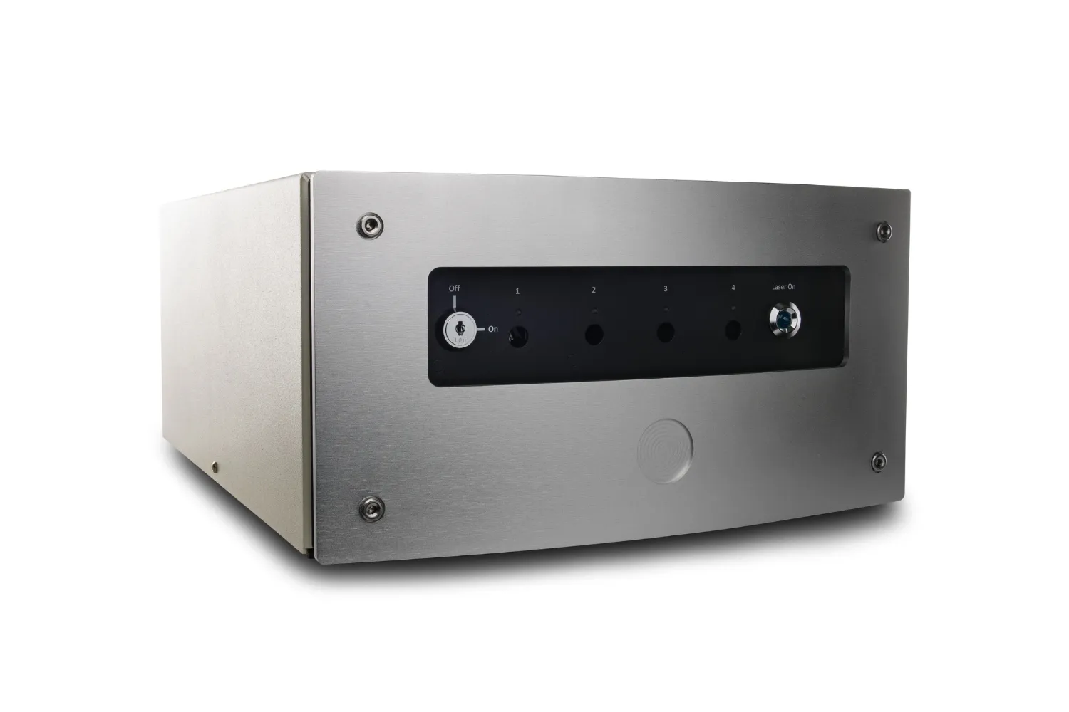 Metal electronic device with power switch and LED indicator labeled 'Laser On' on front panel.