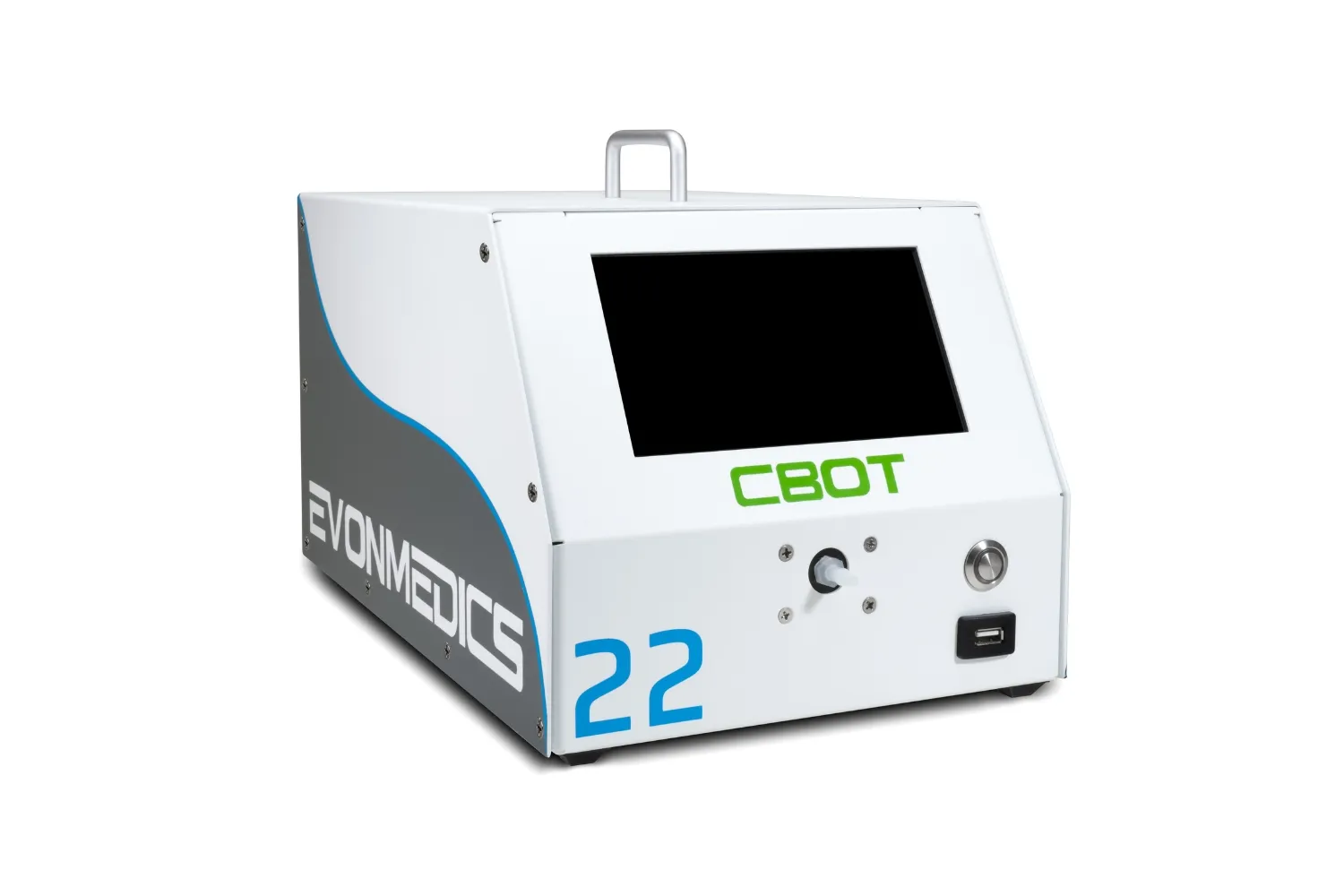 White and gray medical or laboratory device with a screen labeled CBOT, the number 22, and the brand name EVONMEDICS on the side.