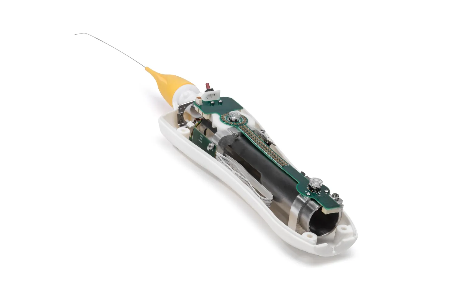 Disassembled electronic device with a yellow tip, visible circuit board, metallic cylindrical component, and white plastic casing.