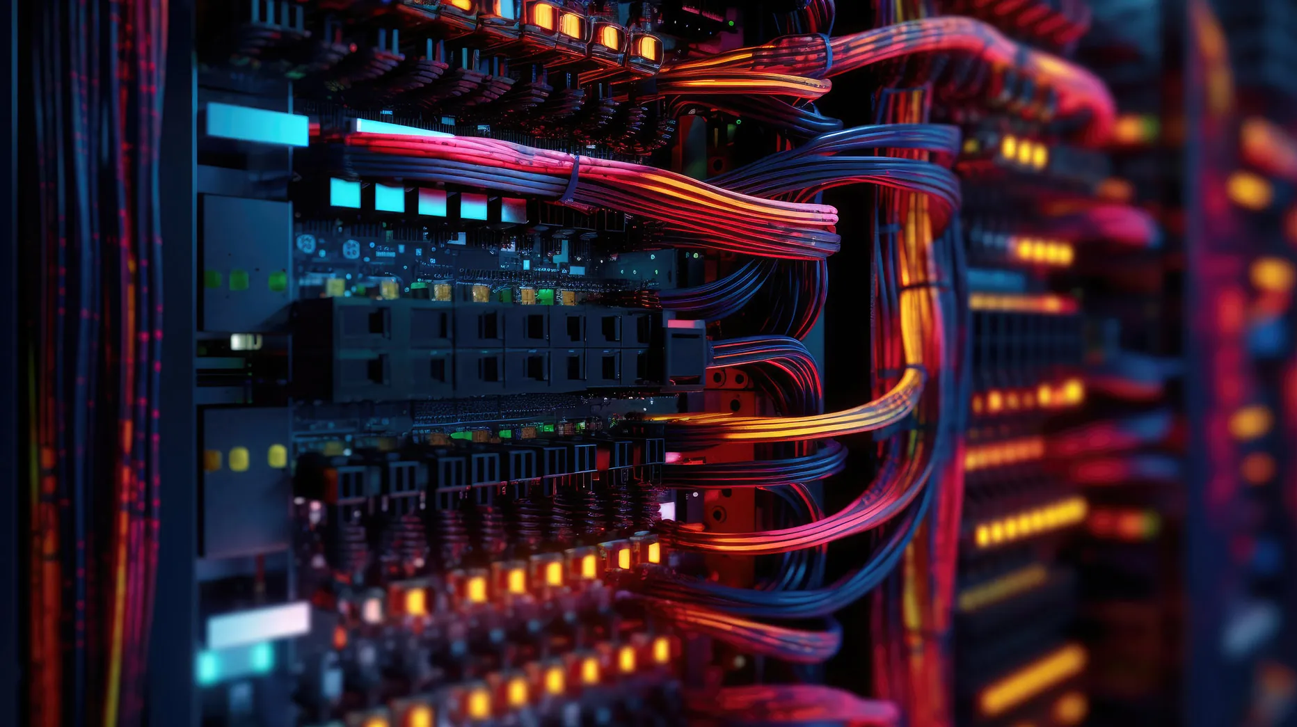 Colorfully illuminated network cables connected to server equipment in a data center rack.