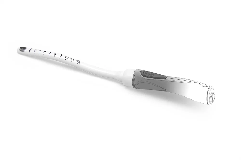 White medical probe with curved tip and numbered markings from 3 to 12 along its length.