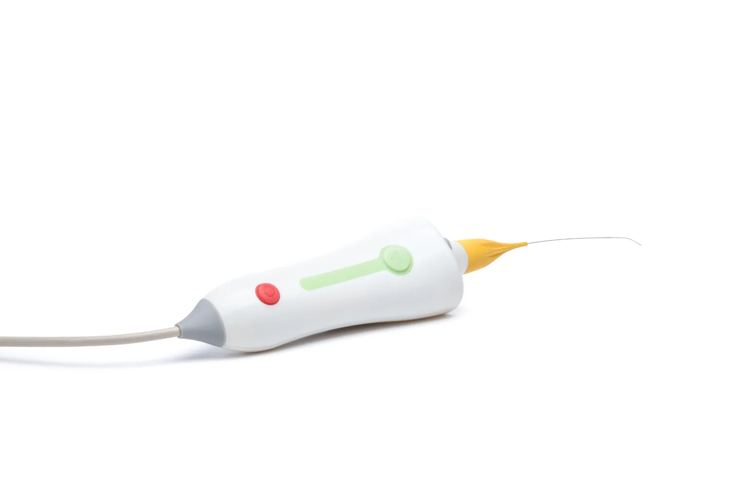 White handheld dental device with red and green buttons and a thin metal wire tip.
