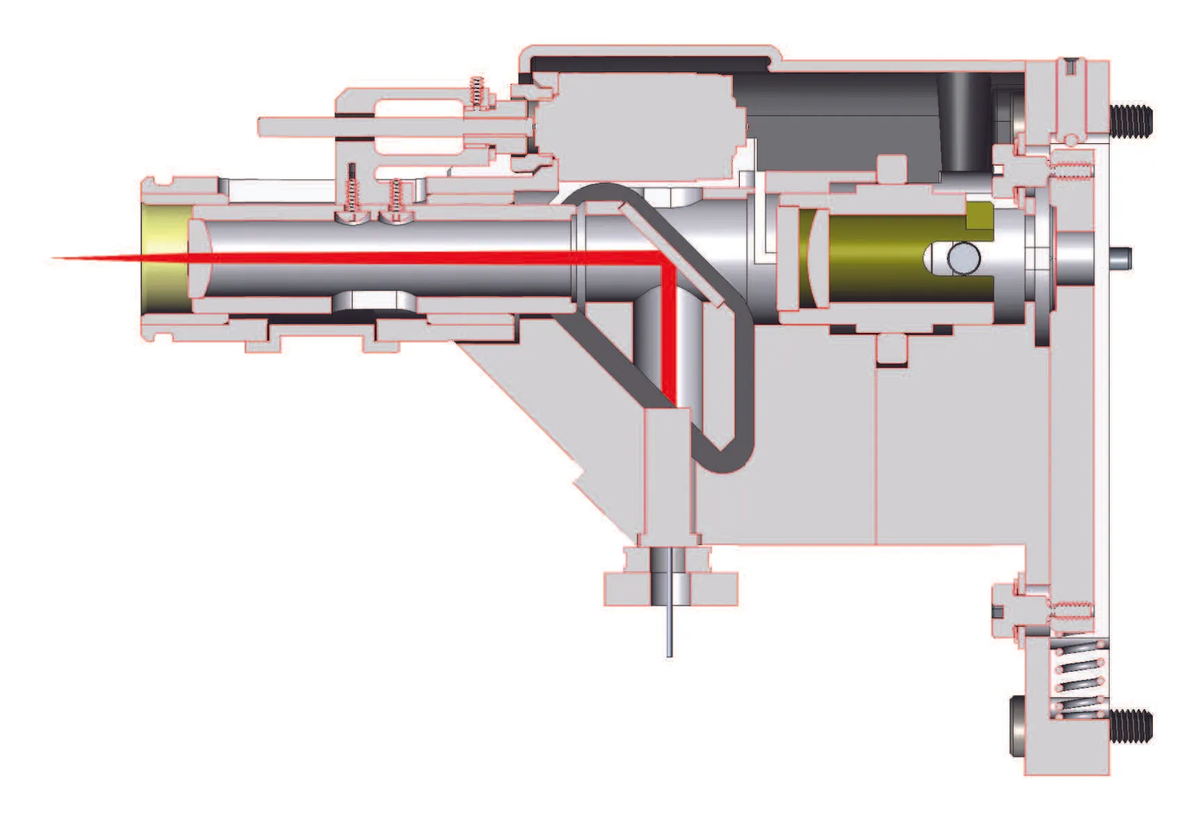 Cross-sectional diagram of an optical laser device showing internal components and a red laser beam path.
