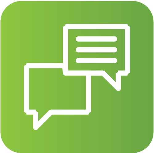 Two white overlapping speech bubbles on a green rounded square background, one containing three horizontal lines representing text.