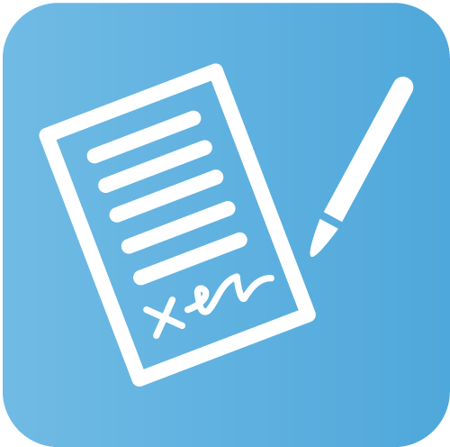 White icon of a signed contract and pen on a blue rounded square background.