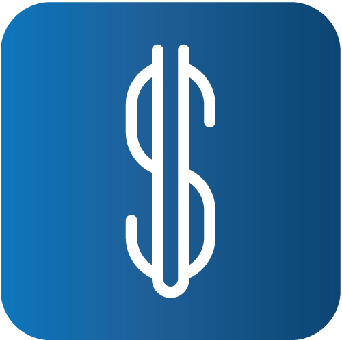 White dollar sign with two vertical lines on a blue gradient rounded square background.