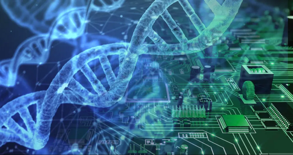 Blue DNA double helix strands overlaying a green circuit board with electronic components.