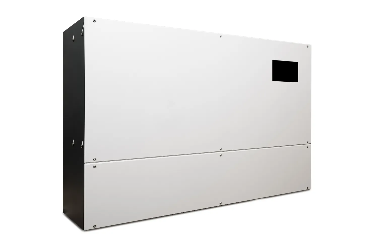 Rectangular white and black electronic device or industrial equipment with screws and a black square panel on the upper right.