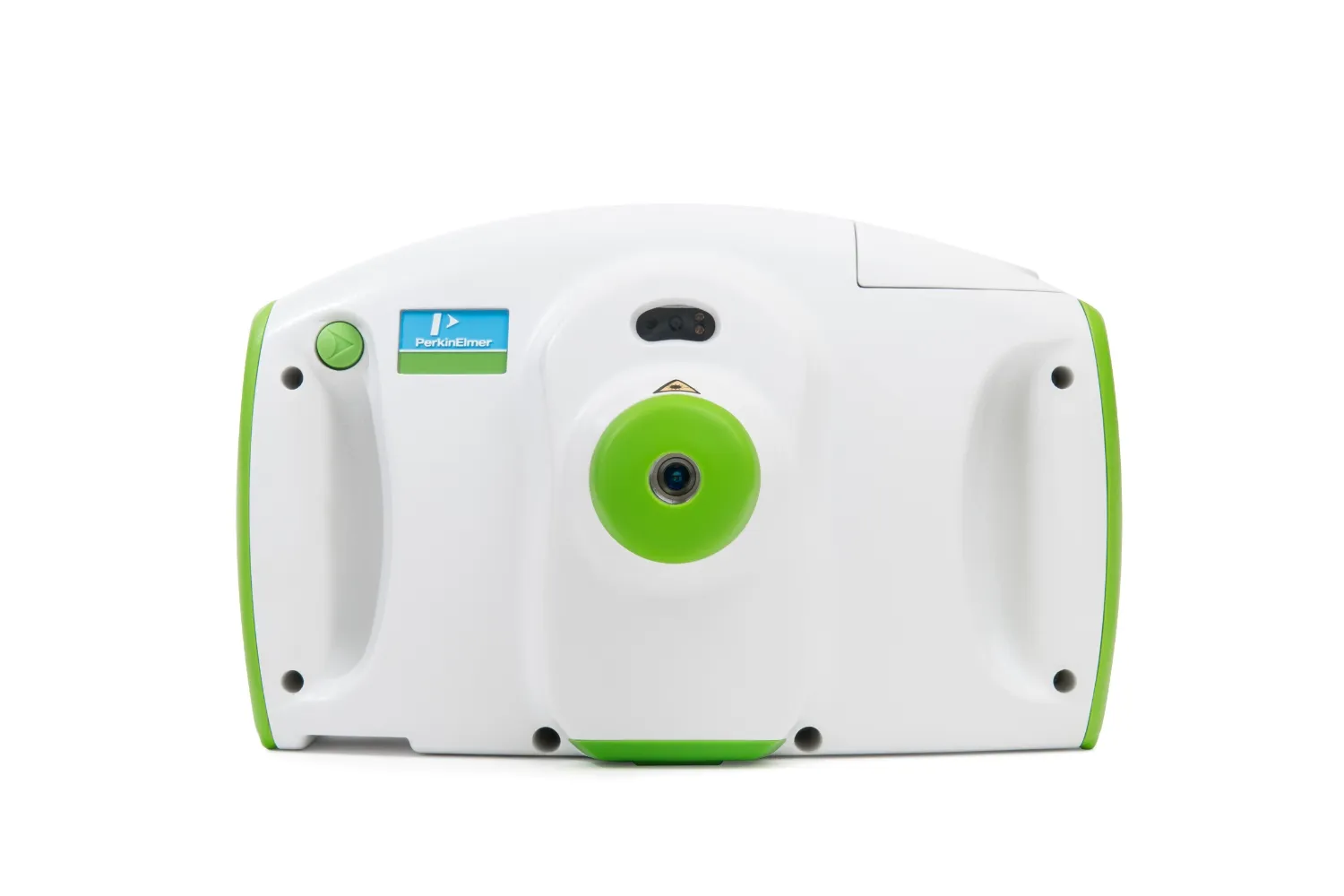 White and green PerkinElmer scientific instrument with central lens and two handles on each side.