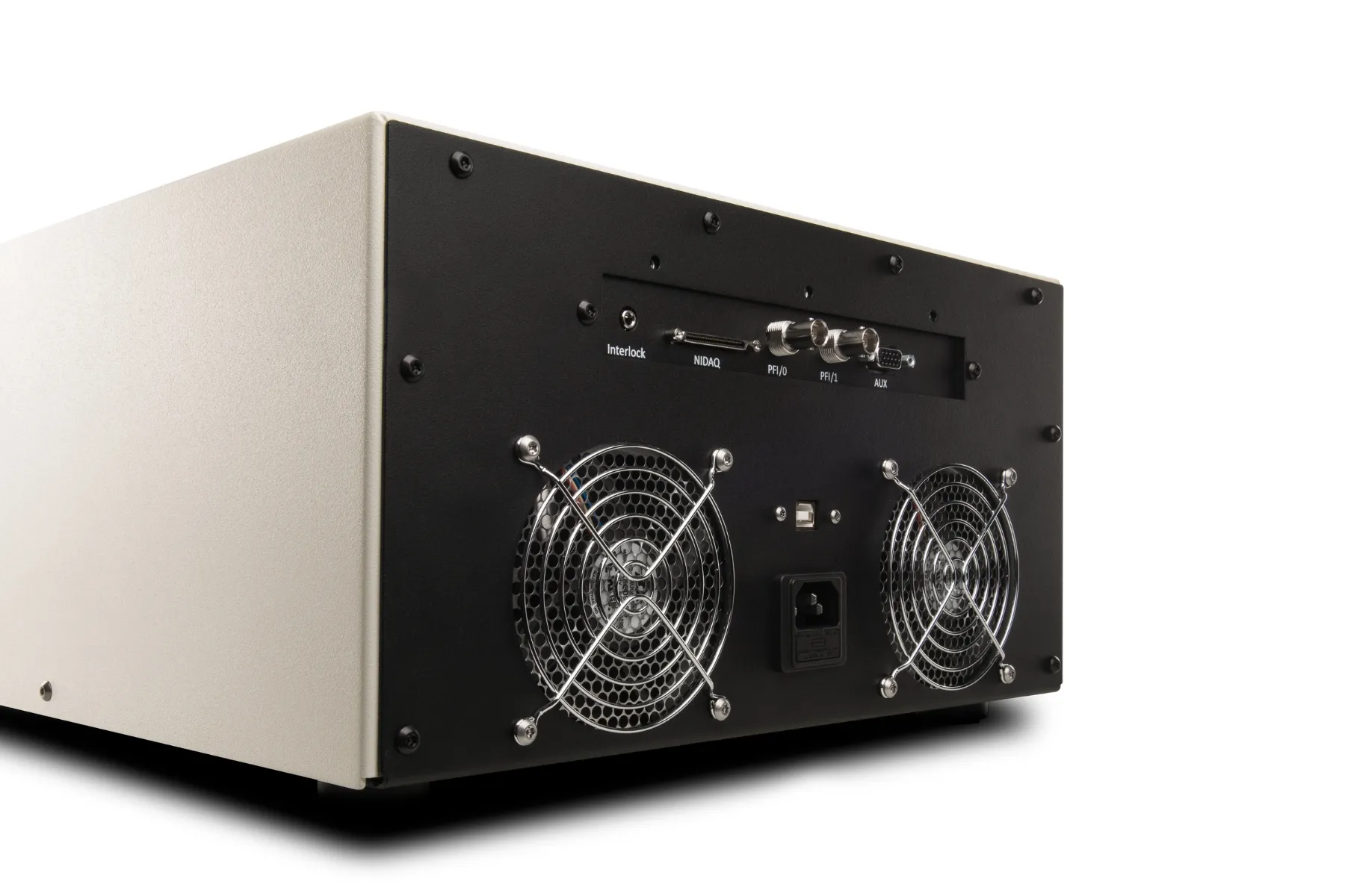 Back panel of an electronic device featuring two cooling fans with metal guards, a power input socket, USB port, and labeled connectors including Interlock, NIDAQ, PFI/0, PFI/1, and AUX.