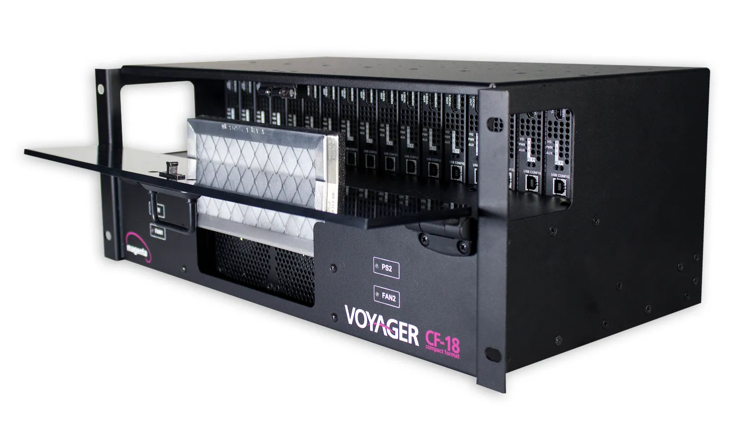 Black Voyager CF-18 compact format rack-mounted hardware unit with multiple USB-configured ports and an open front panel.