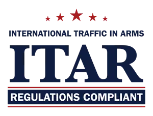 Logo with text 'Regulated by U.S. Department of State ITAR Regulations Compliant' and four red stars above.