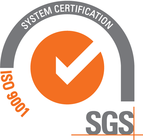 SGS ISO 9001 system certification logo with an orange check mark inside a gray arch.
