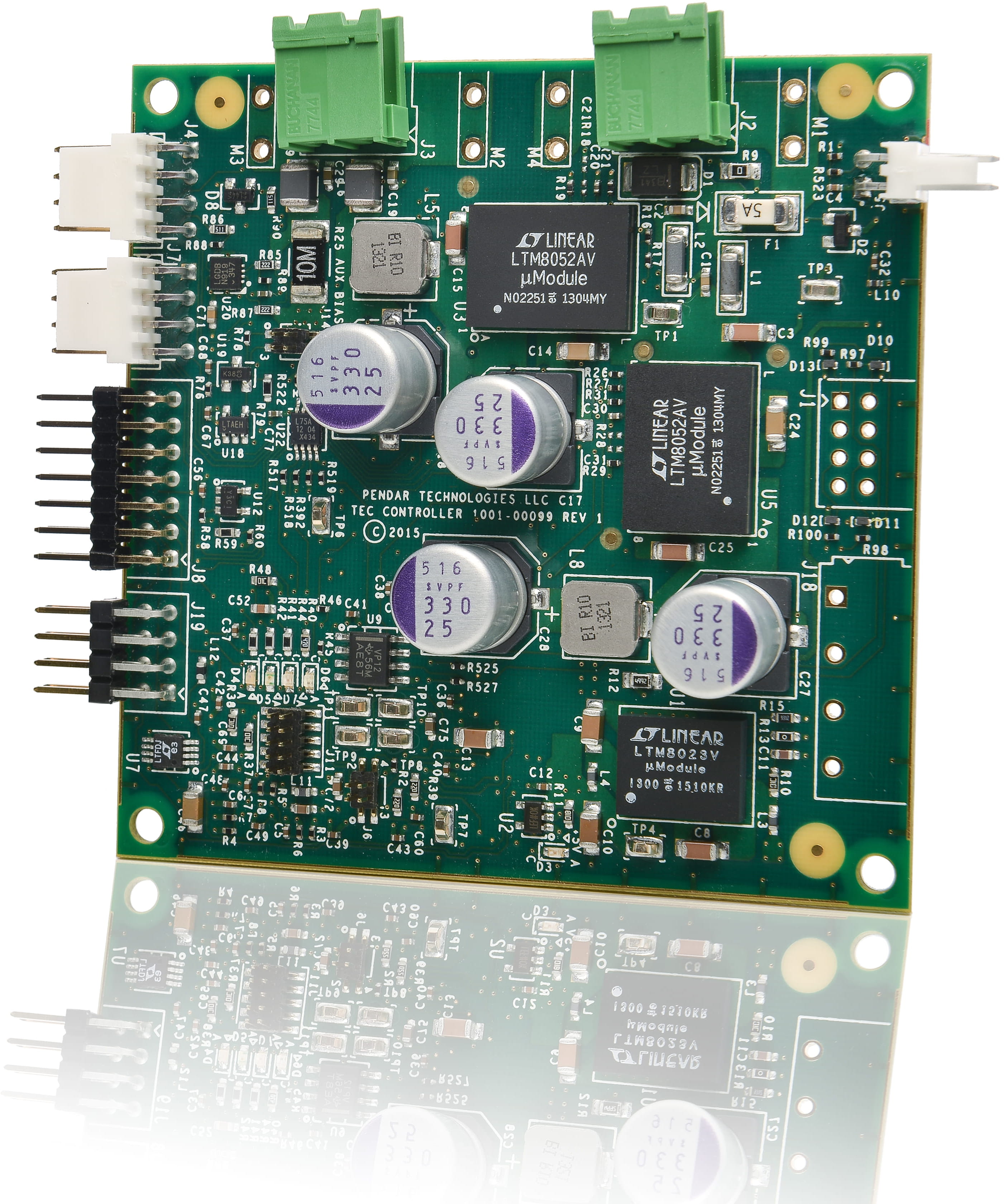 Presco-built TEC controller board with power modules, capacitors and connectors.
