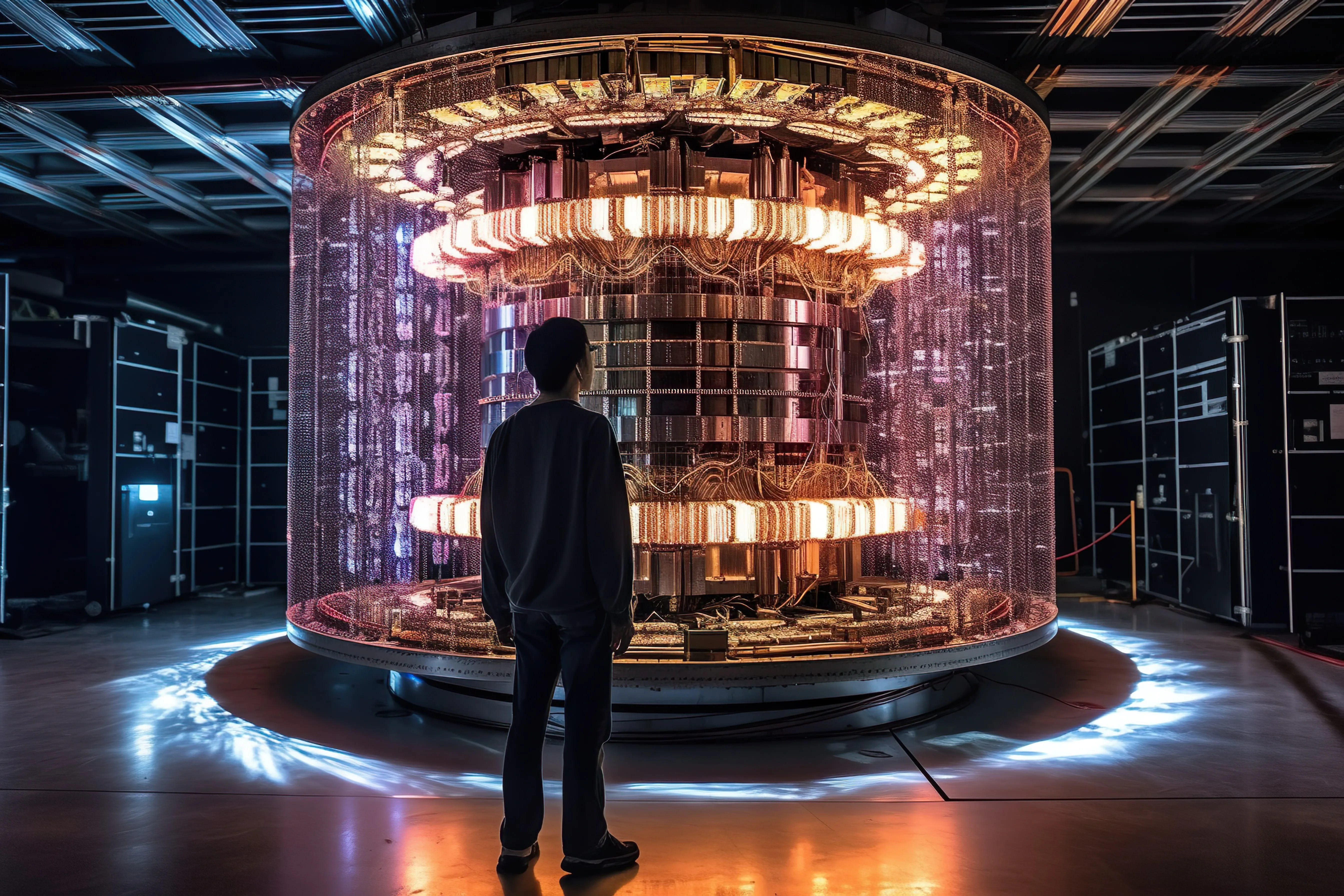 Researcher standing before a large illuminated quantum computing system.