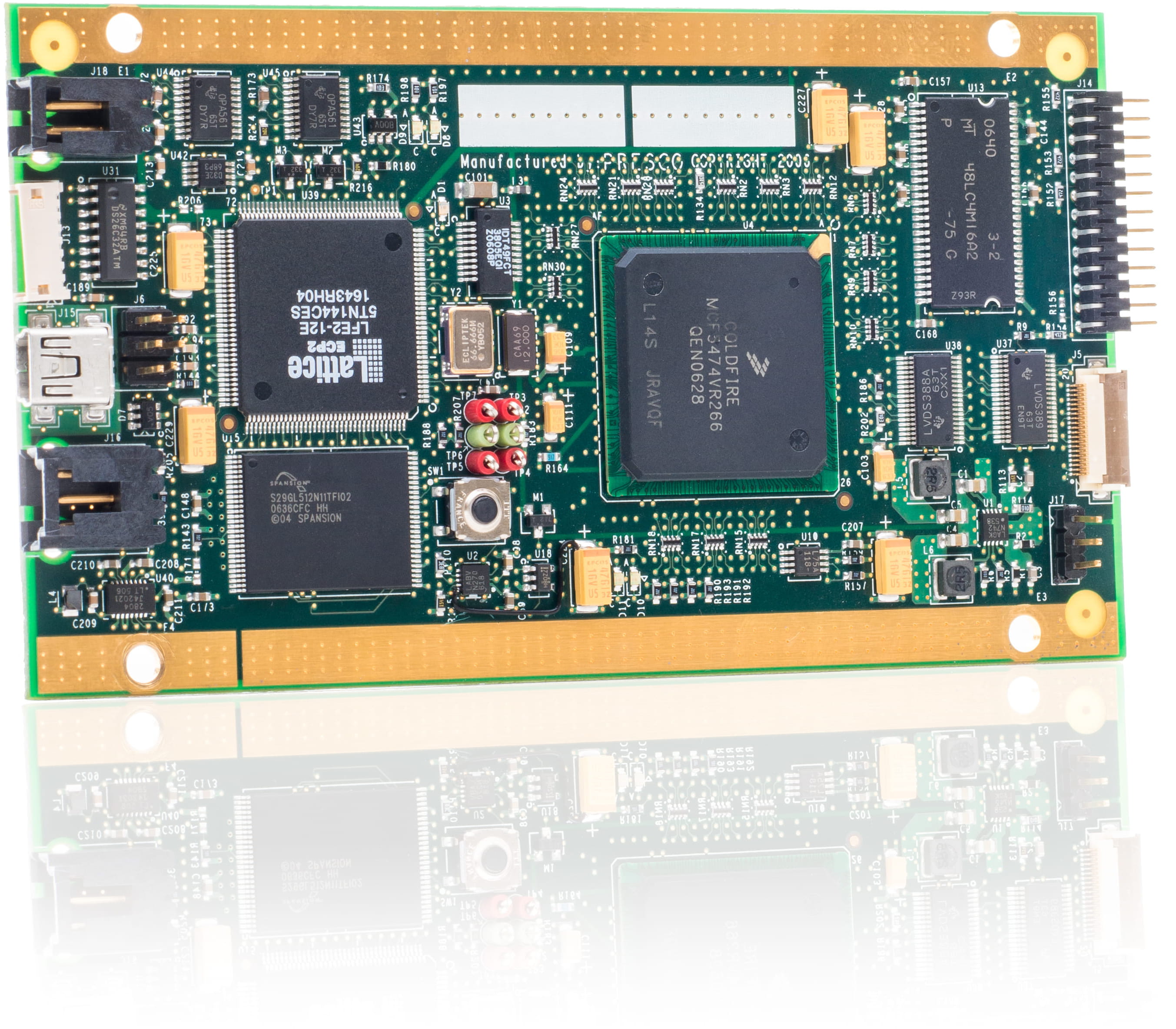 Presco-built circuit board carrying an FPGA and supporting components.