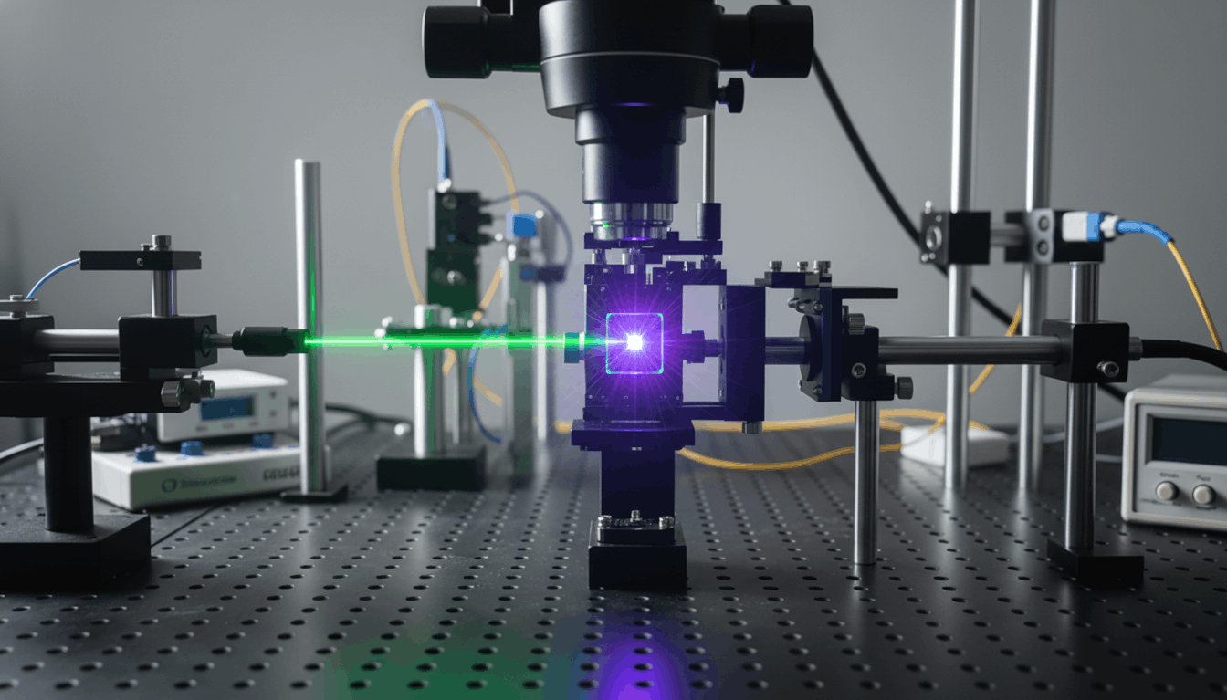 Optical bench with a green laser beam passing through a precision sensing assembly.
