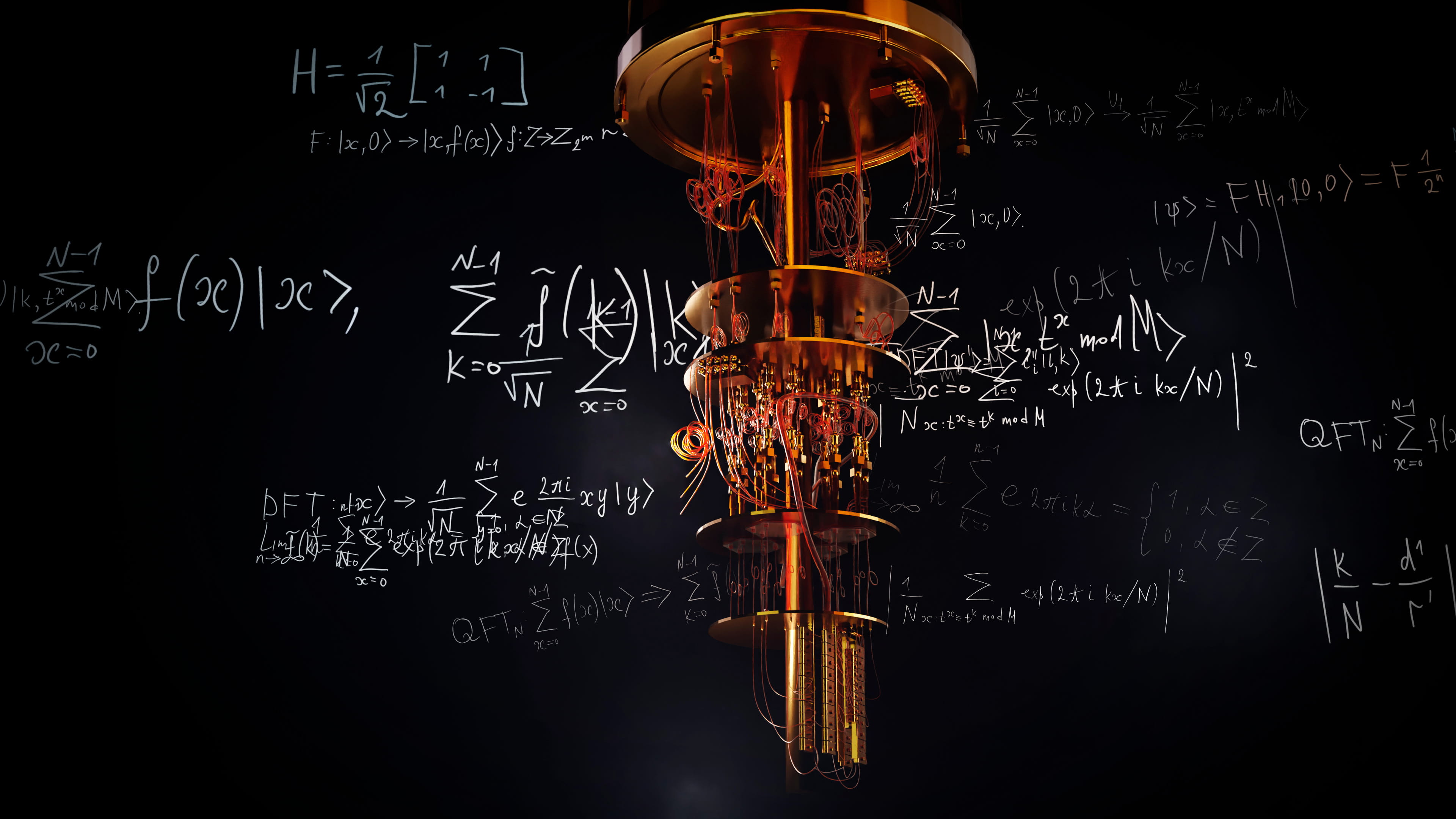 Quantum computer hardware with mathematical equations overlaid on a dark background.