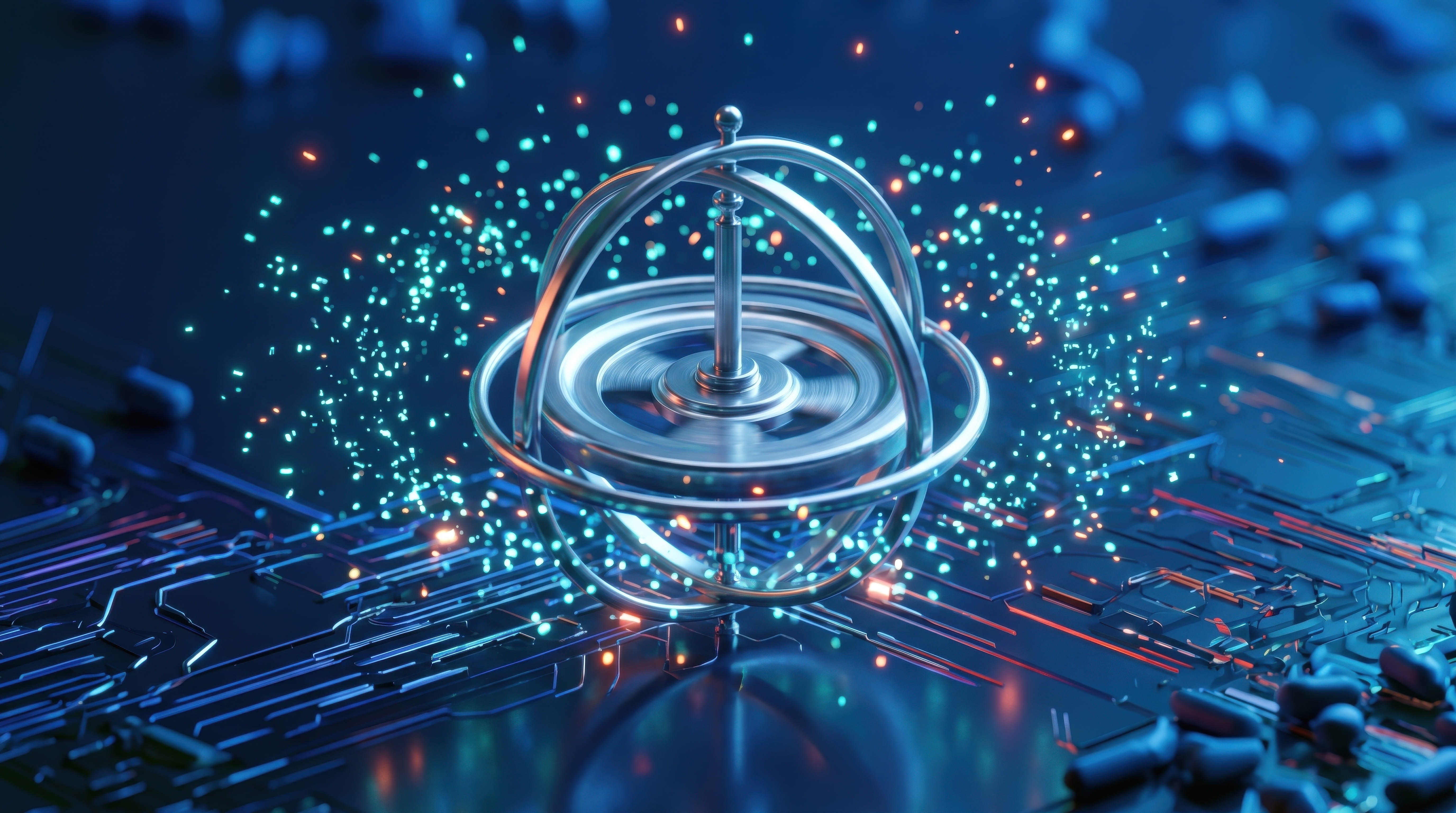 Gyroscope rendered above a circuit board, representing quantum inertial navigation and timing.