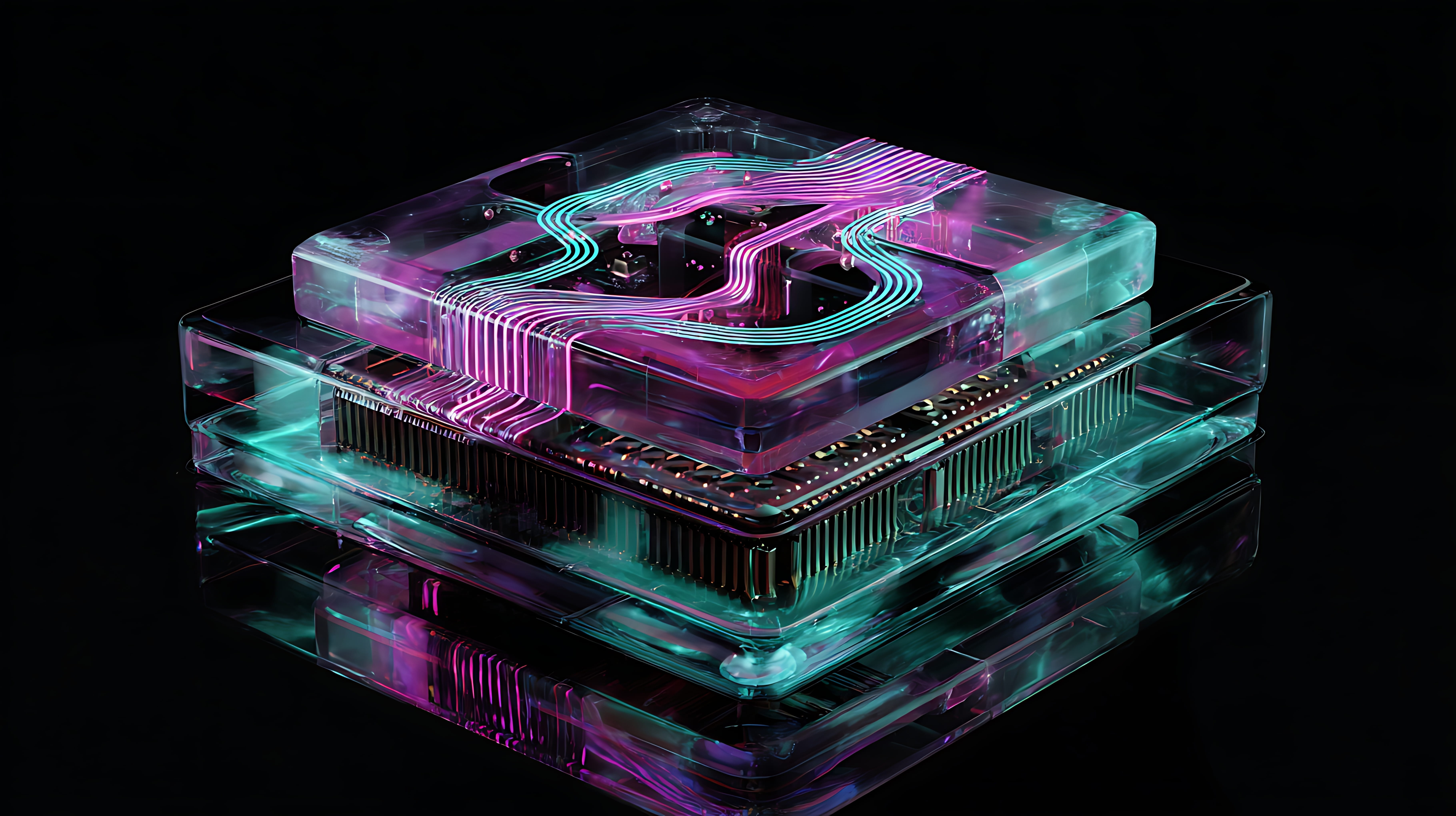 Layered transparent quantum processor module with illuminated signal traces running between layers.