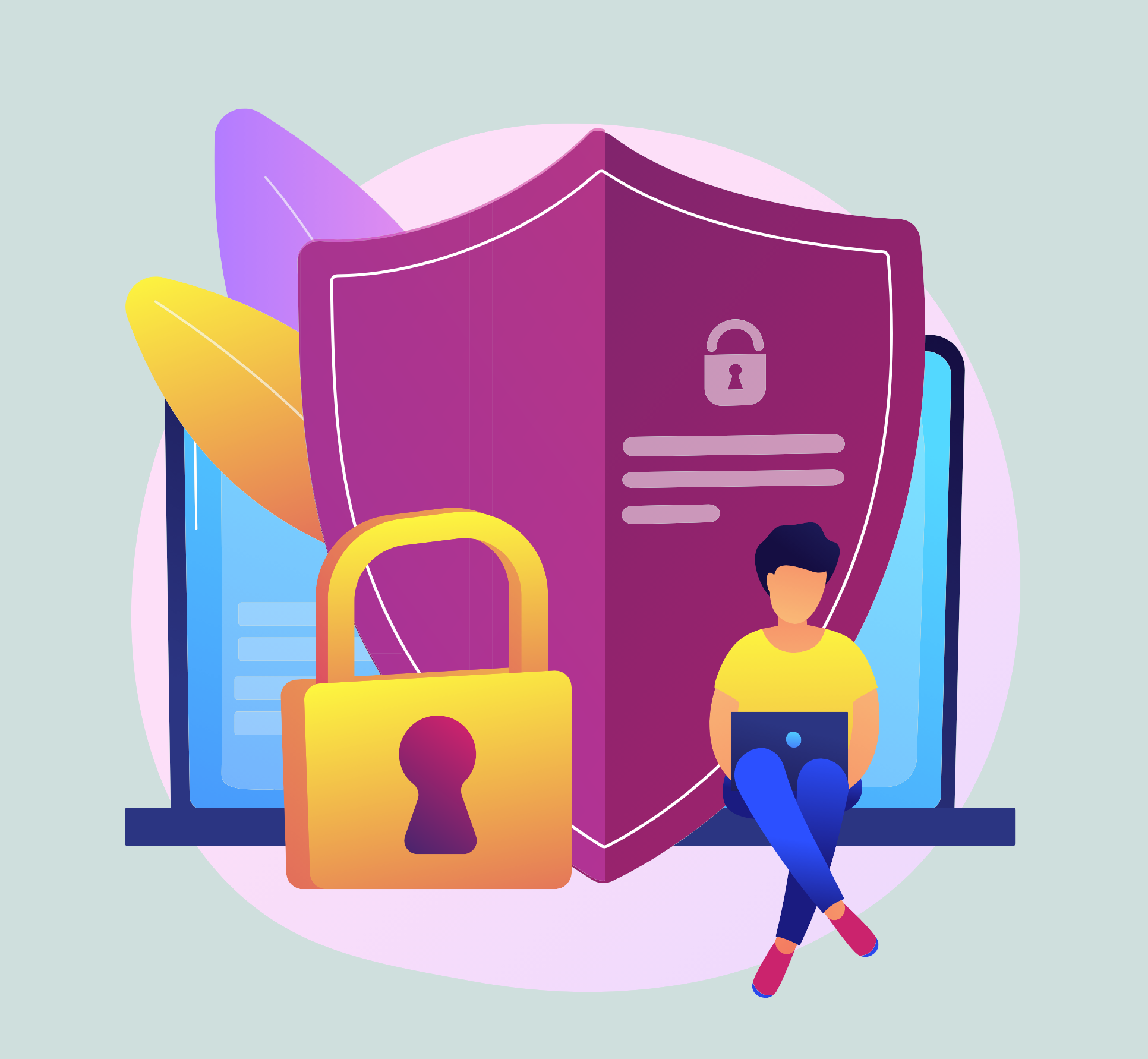 An illustration of a woman using her computer next to a shield and lock denoting privacy.