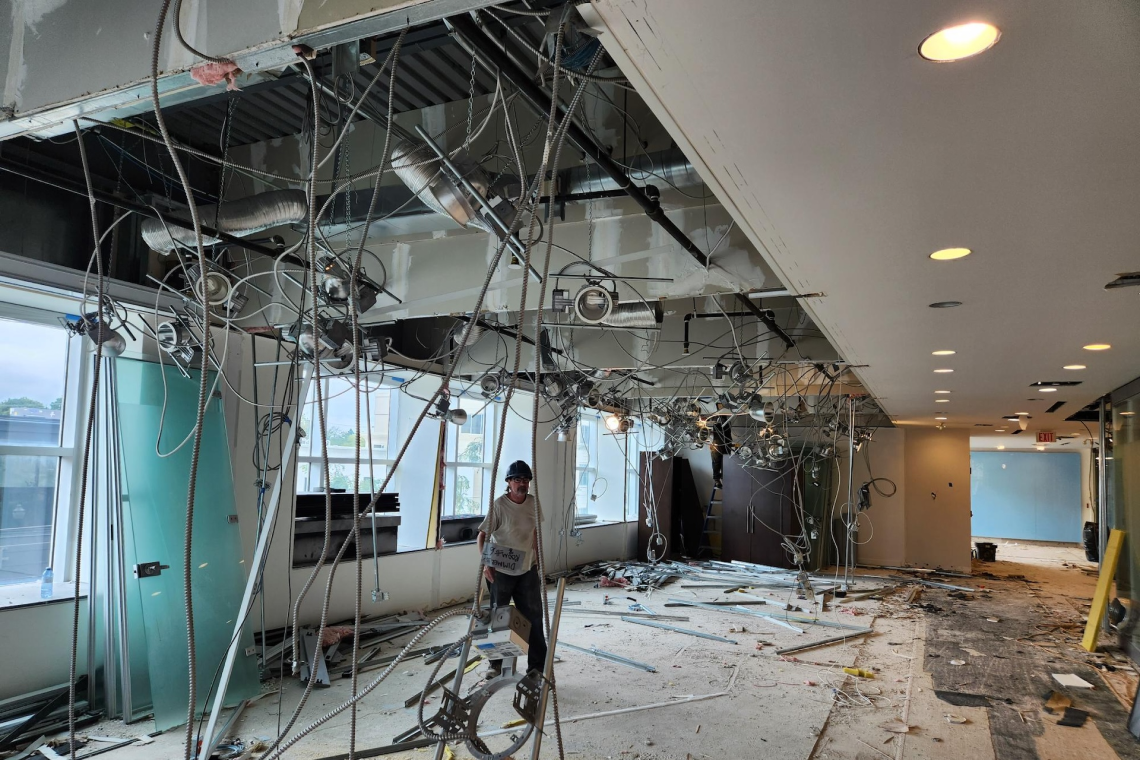 An entire unit being torn down for renovation