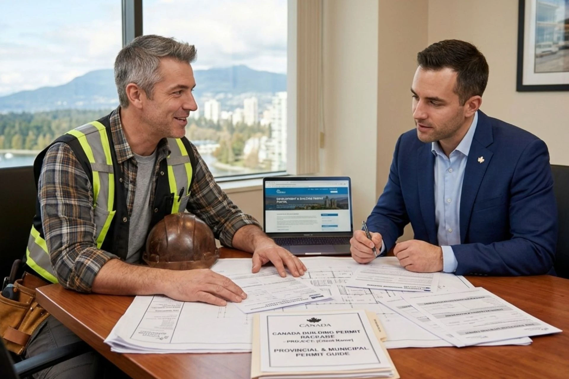 contractor and businessman talking about the building permit process