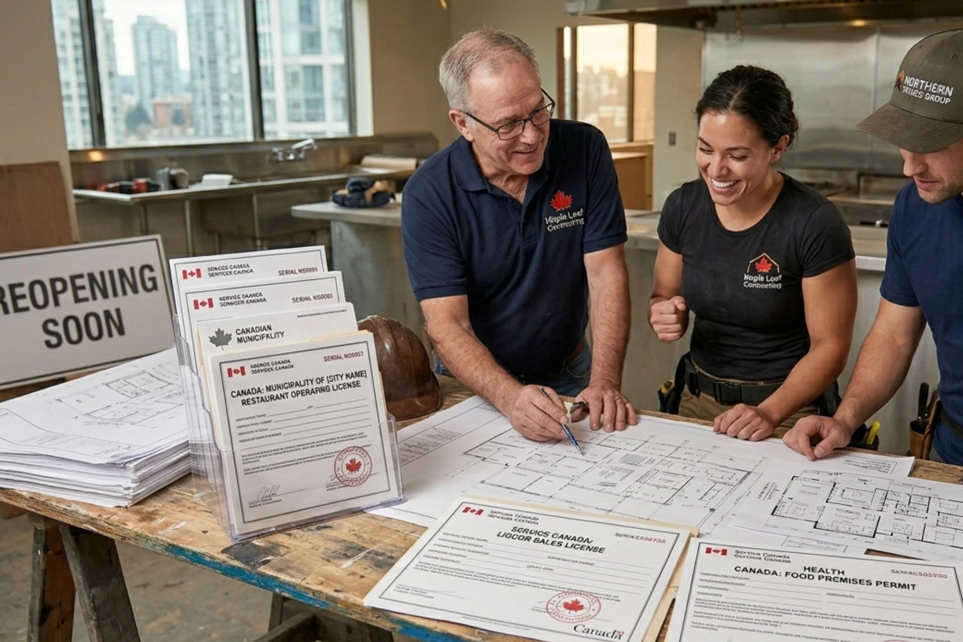 Restaurant operators checking blueprints and local Canadian permits for restaurant kitchen renovation
