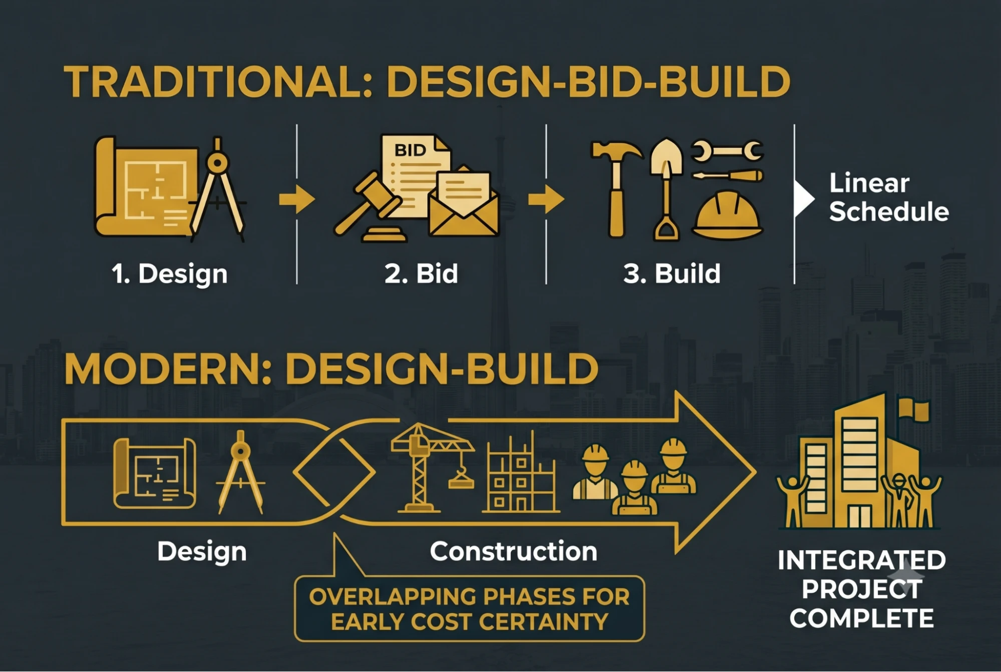Flow chart comparing sequential design-bid-build vs. integrated design-build construction processes.