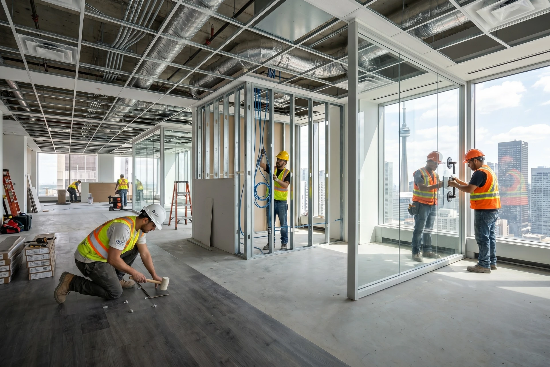 A commercial renovation in progress in an Ontario building with new construction elements visible.