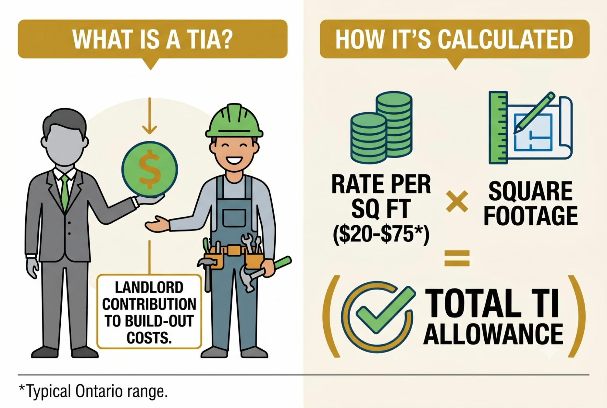 An infographic defining Tenant Improvement Allowance and how it’s typically calculated based on square footage.
