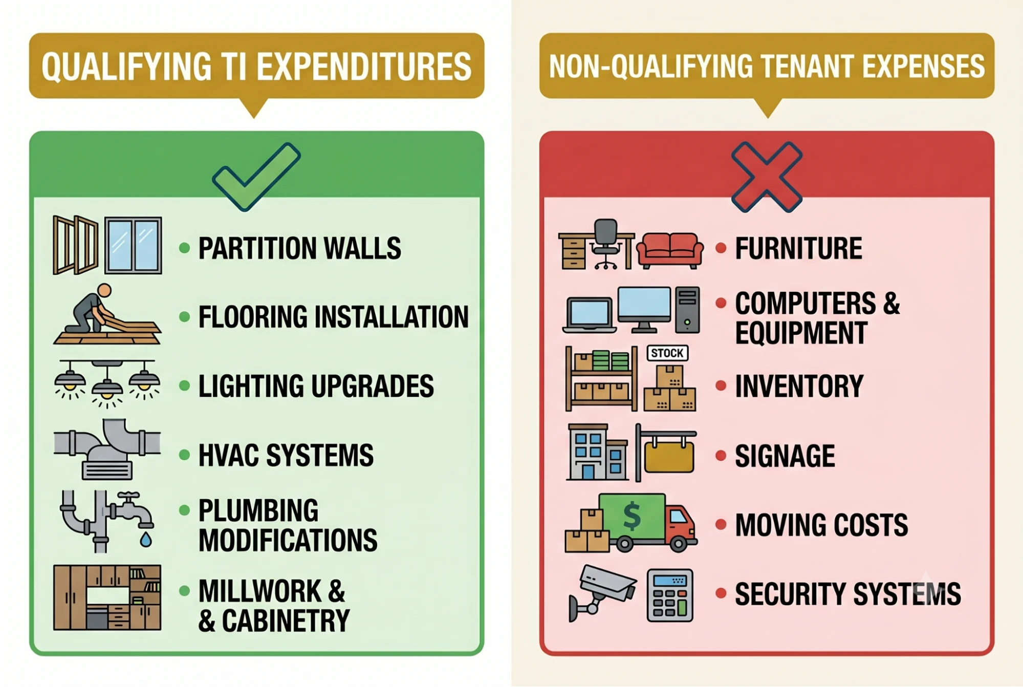 An infographic comparing permanent construction work that qualifies for TIA funding versus temporary expenses that do not qualify.