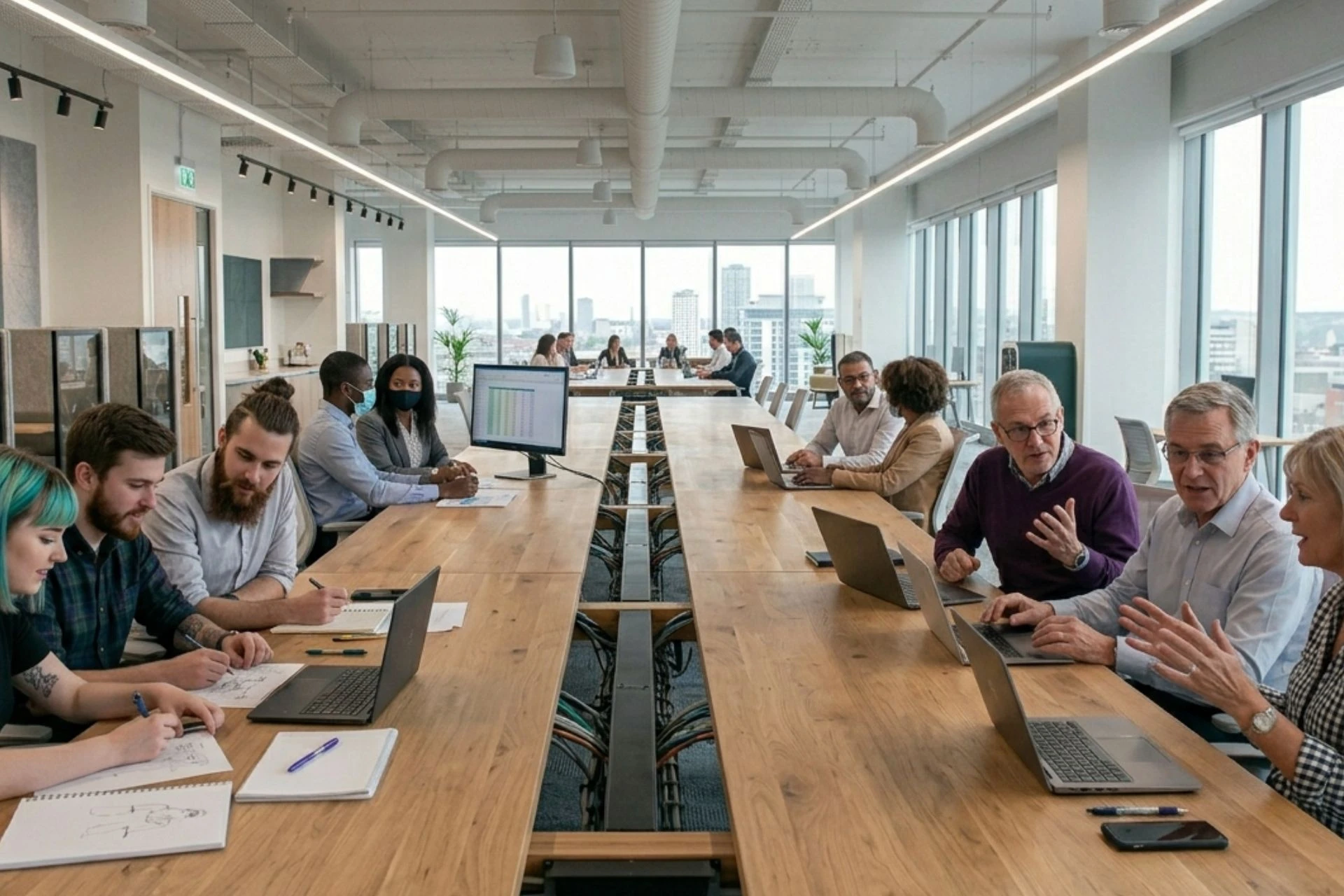 hot-desking area with shared workstations