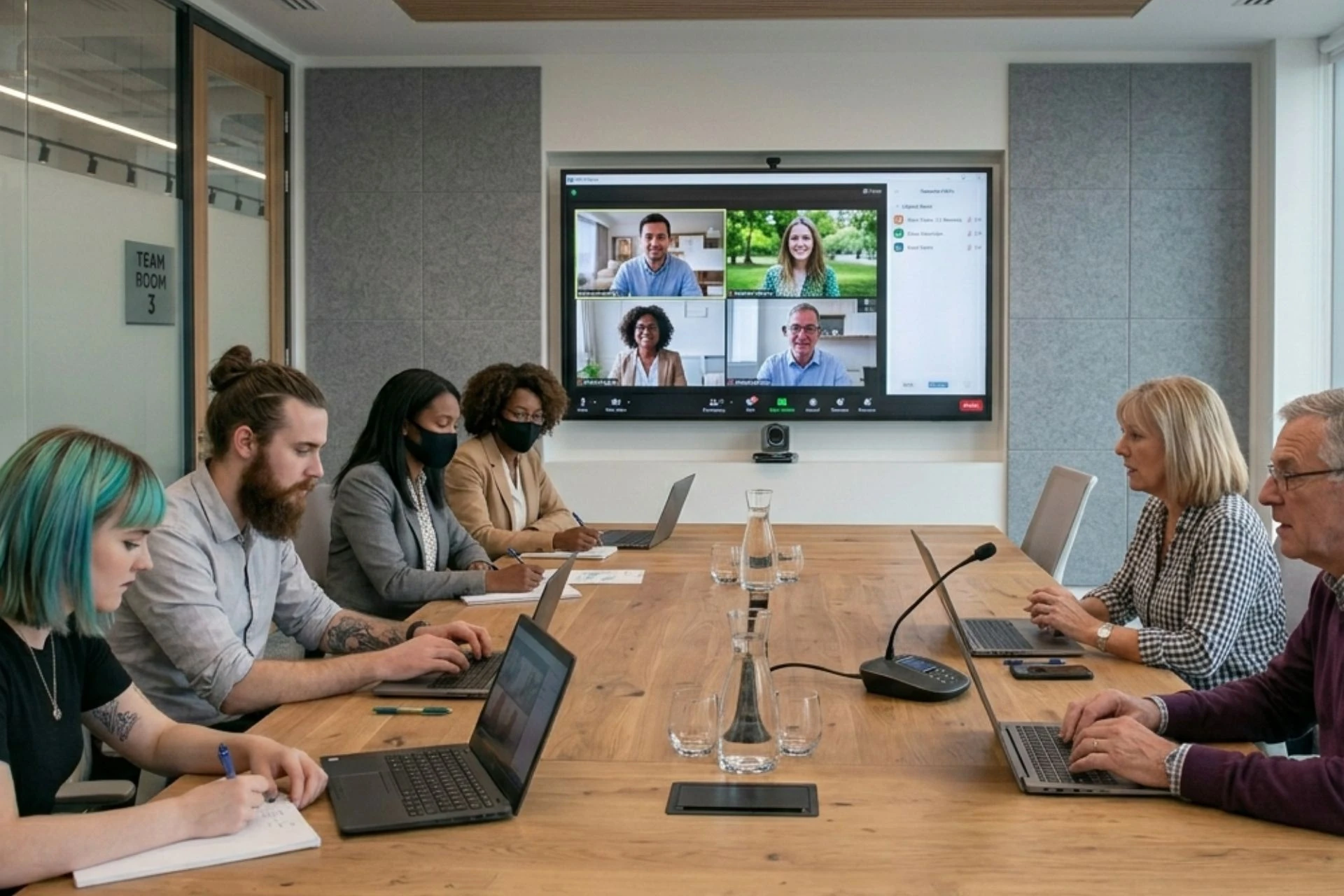 A hybrid team on a conference call 