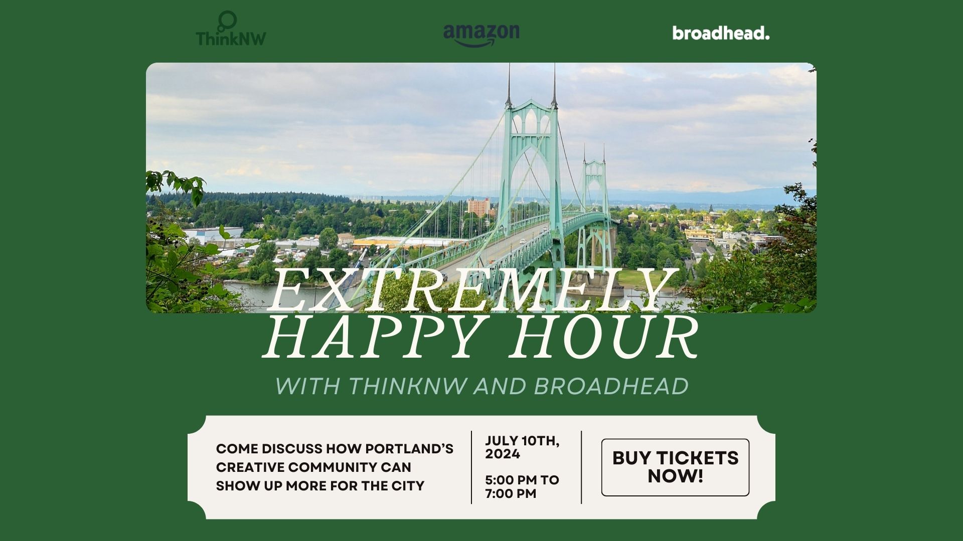 ||Promotional flyer for ThinkNW x broadhead Extremely Happy Hour Portland Creative Community Discussion.|