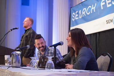 Rand Fishkin, Rae Hoffman and Matthew Brown at SearchFest 2015