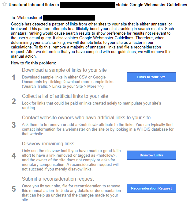 Google Penalty message example