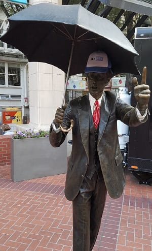 SEMpdx hat on a Pioneer Square statue