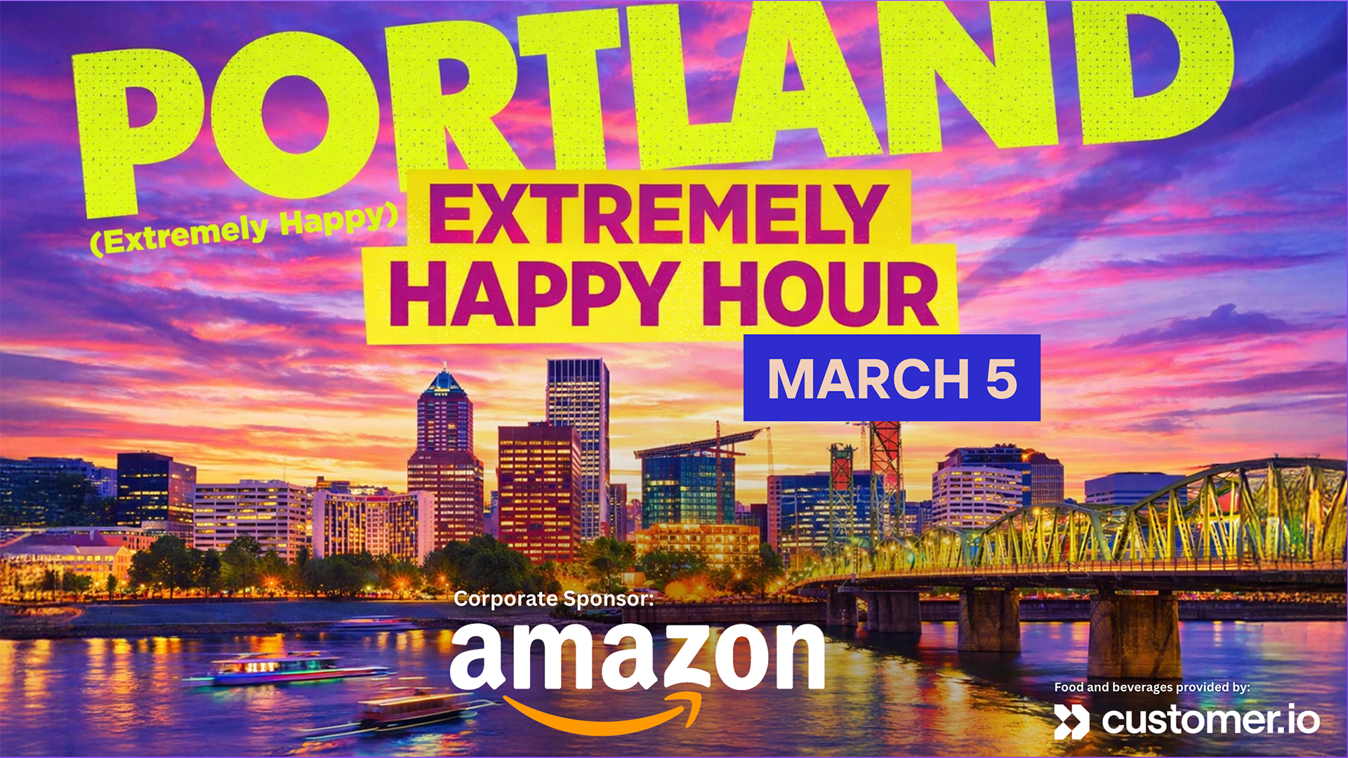 Vibrant photo of downtown Portland with purple and orange light featuring event information