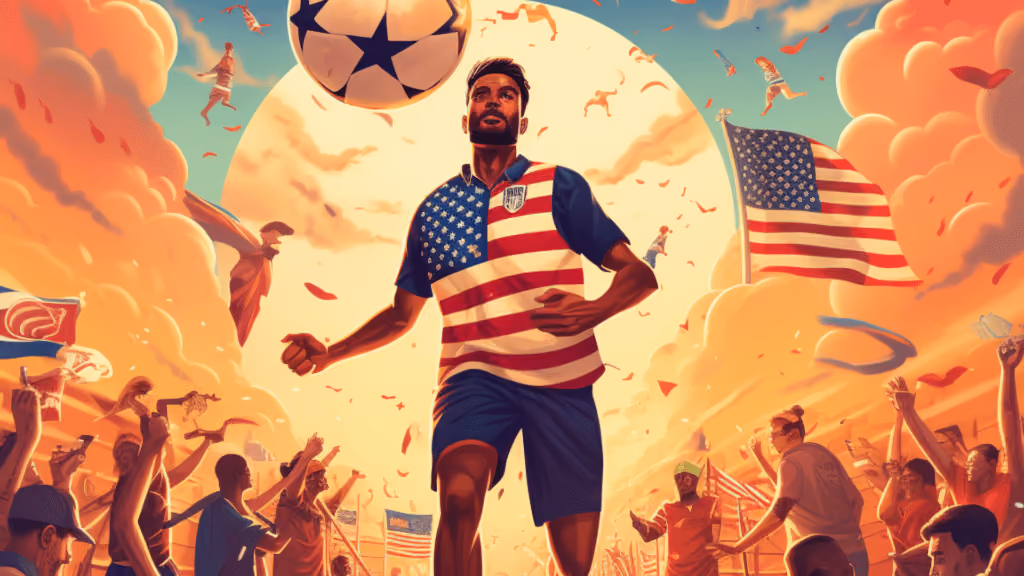 An animated image of a soccer player and crowd with American flags.