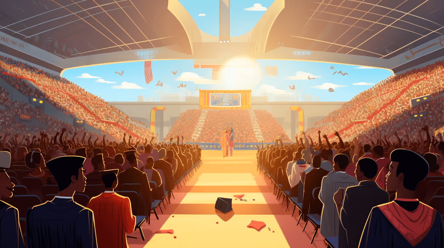An animated image of a college graduation.