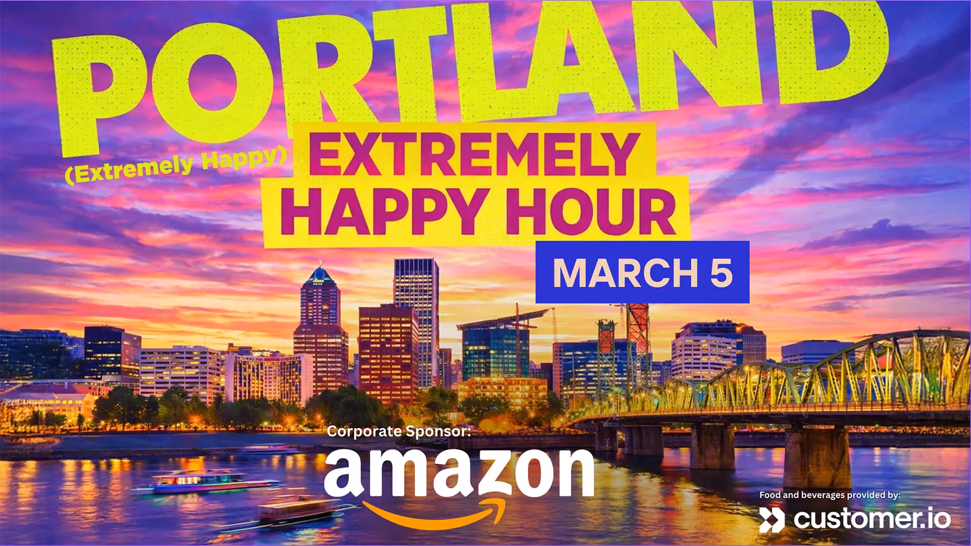 Vibrant photo of downtown Portland with purple and orange light featuring event information