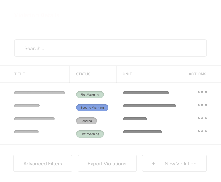 User interface showing a violation details table with columns for Title, Status, Unit, and Actions; status tags include First Warning, Second Warning, and Pending. Options below include Advanced Filters, Export Violations, and a disabled New Violation button.