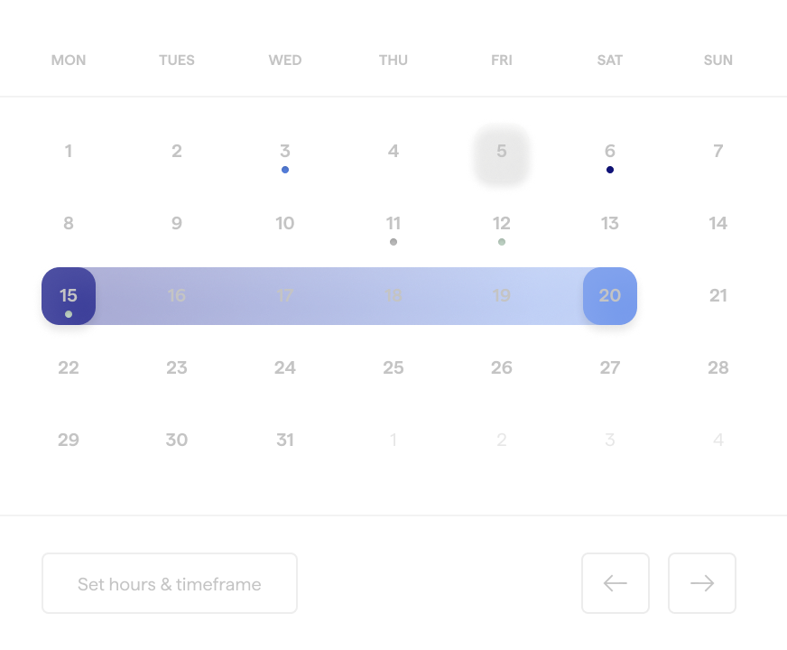 Calendar interface showing days of the month with a highlighted date range from the 15th to the 20th, navigation arrows, and a button labeled Set hours & timeframe.
