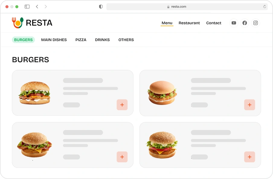Website showing burgers manu