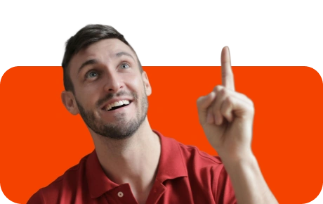 a man in a shirt on a red background points his finger up