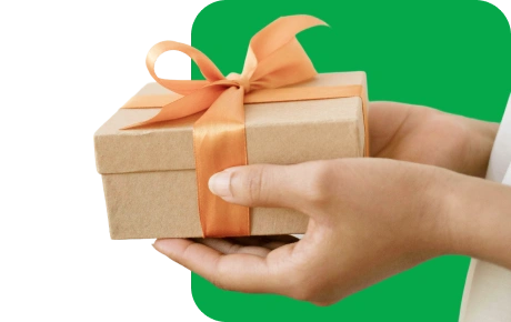 a wrapped gift in hands, on a green background